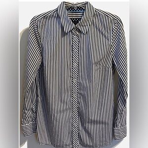 Talbots Striped Button Down Shirt Navy Dot Trim 100% Cotton Size Small S
